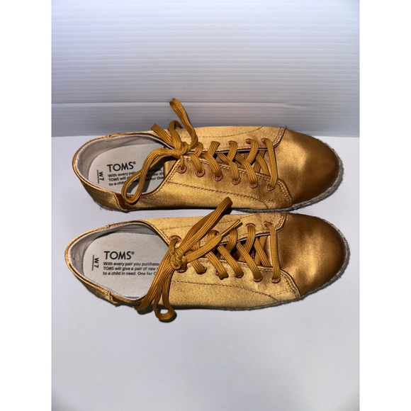 Women's TOMS Gold Satin Espadrille Sneakers US 7 with Beige Jute Sole - Picture 12 of 16